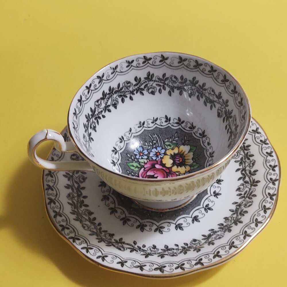RARE Queen Anne Black Rose Pattern Teacup & Saucer Vintage Bone China England